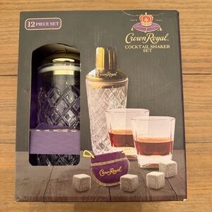 CROWN ROYAL 12 Piece Set Glass Cocktail Shaker 2 Glasses 8 Whiskey Stones & Bag